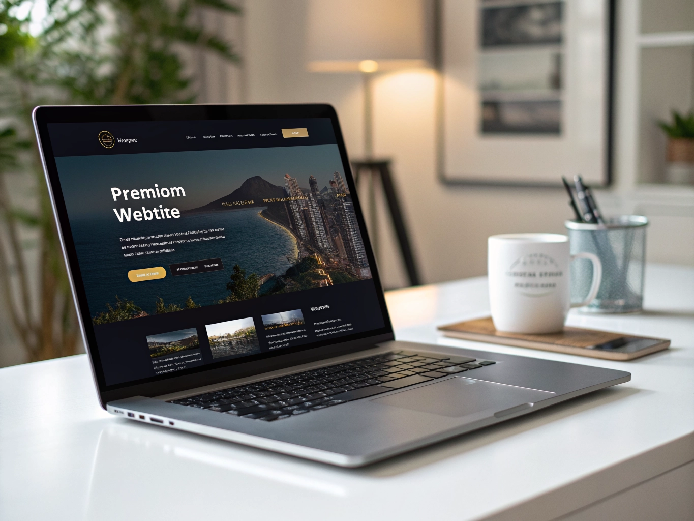 Premium website design mockup on a sleek modern laptop.
